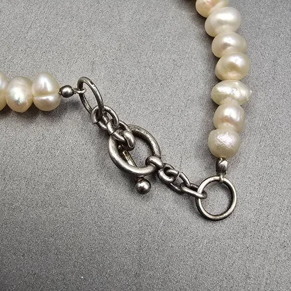 VTG White Graduated Baroque Pearl Necklace 22" Sterling Toggle Crystal Accents - Picture 6 of 13